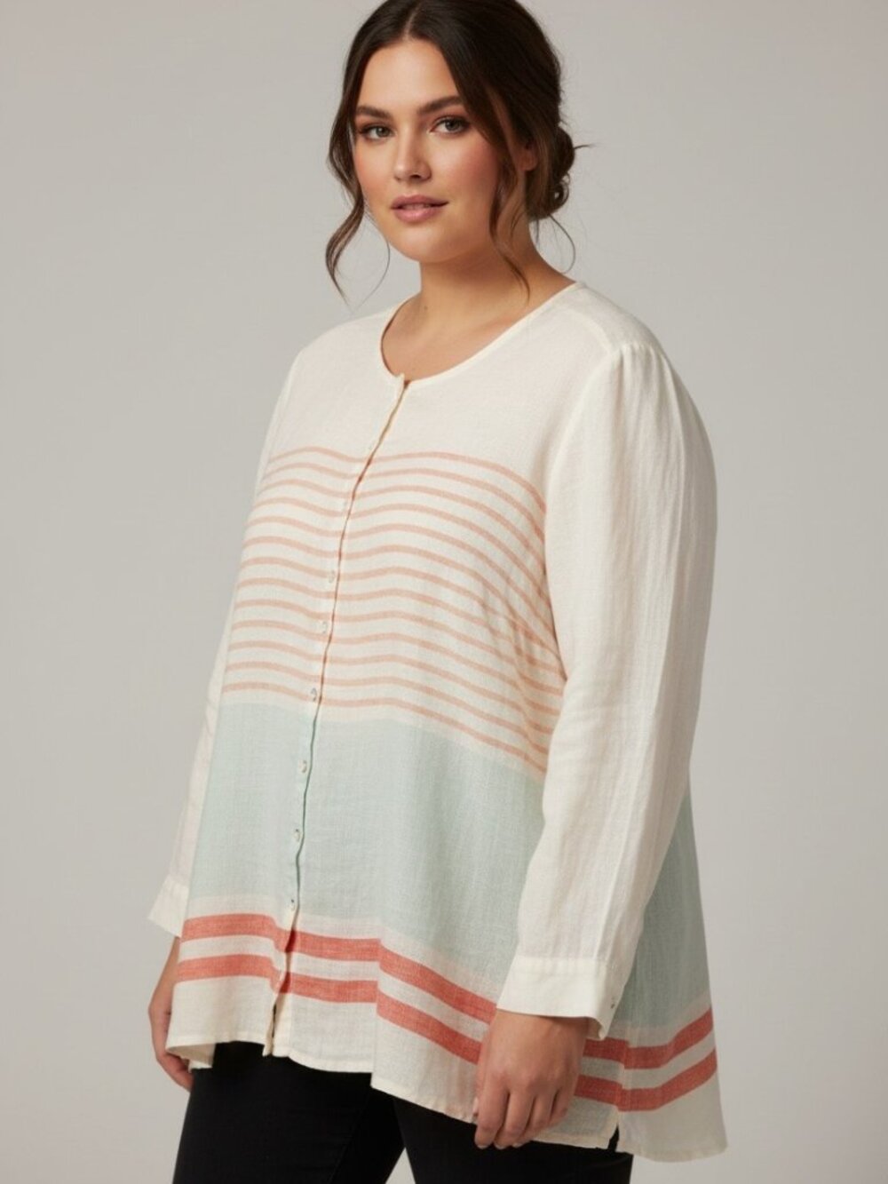 C&C California 100% Linen Striped Button Down Tunic Shirt Size 1X Coastal